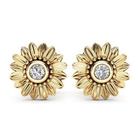 Jewelry - 18K YELLOW GOLD  SUNFLOWER STUD EARRINGS, NICE EARRINGS, CUTE EARRINGS